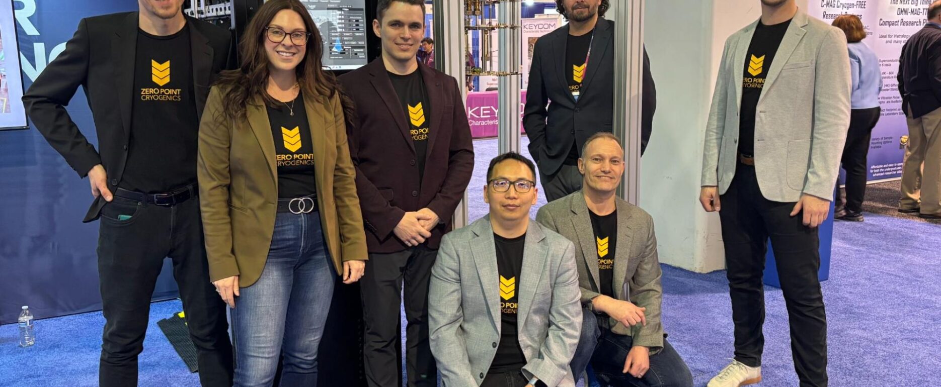 Zero Point Cryogenics Team posing in exhibition booth at APS Global Physics Summit 2025